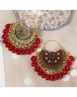Elegant Vingate Ethnic Style Fan Shape Water Fashion Women Hoop Earrings - Red