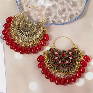 Elegant Vingate Ethnic Style Fan Shape Water Fashion Women Hoop Earrings - Red