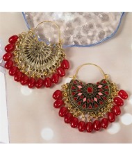 Elegant Vingate Ethnic Style Fan Shape Water Fashion Women Hoop Earrings - Red