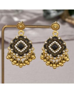 Vingate Ethnic Style Flower Tassel Design Fashion Women Dangle Earrings - Black