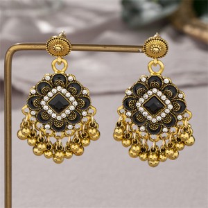 Vingate Ethnic Style Flower Tassel Design Fashion Women Dangle Earrings - Black