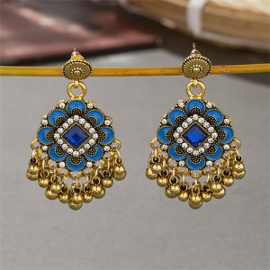 Vingate Ethnic Style Flower Tassel Design Fashion Women Dangle Earrings - Blue