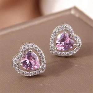 Simple Peach Heart Design Copper Ear Studs Wholesale Fashion Women Earrings - Pink