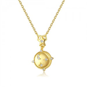 Fine Jewelry 14K Gold Plated Moon and Star Round Pendant Wholesale Women 925 Sterling Silver Necklace