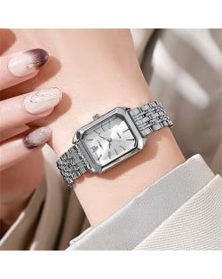 Stylish and Simple Square Design Steel Strap Wholesale Women Quartz Watch - Silver White