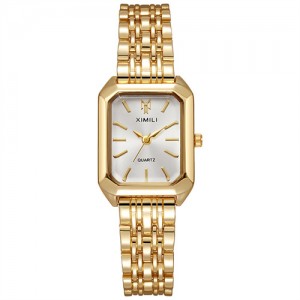 Stylish and Simple Square Design Steel Strap Wholesale Women Quartz Watch - Golden White