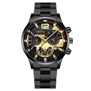 Steel Strap Calendar Sport Design Luminous Hands Wholesale Fashion Man Quartz Watch - Black with Golden