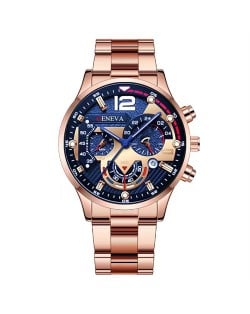 Steel Strap Calendar Sport Design Luminous Hands Wholesale Fashion Man Quartz Watch - Rose Gold with Blue