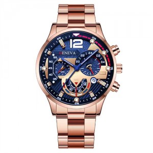 Steel Strap Calendar Sport Design Luminous Hands Wholesale Fashion Man Quartz Watch - Rose Gold with Blue