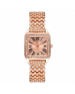 Roman Script Design Bling Full Rhinestone Wholesale Fashion Women Watch - Rose Gold