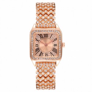 Roman Script Design Bling Full Rhinestone Wholesale Fashion Women Watch - Rose Gold