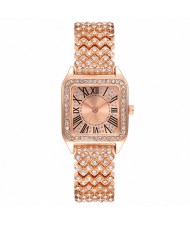 Roman Script Design Bling Full Rhinestone Wholesale Fashion Women Watch - Rose Gold