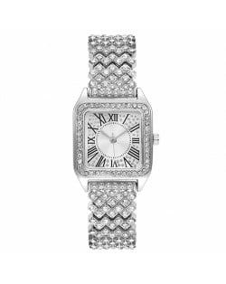 Roman Script Design Bling Full Rhinestone Wholesale Fashion Women Watch - Silver