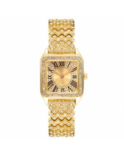 Roman Script Design Bling Full Rhinestone Wholesale Fashion Women Watch - Golden