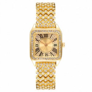 Roman Script Design Bling Full Rhinestone Wholesale Fashion Women Watch - Golden