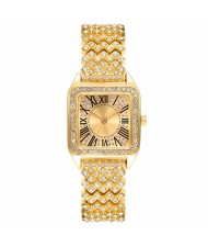 Roman Script Design Bling Full Rhinestone Wholesale Fashion Women Watch - Golden