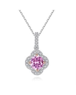 Silver Jewelry Pink Cubit Zirconia Flower Design Pendant Wholesale Women 925 Sterling Silver Necklace