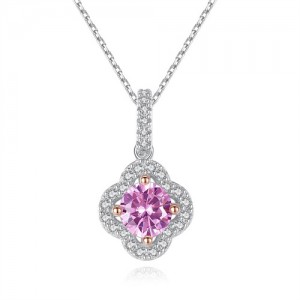 Silver Jewelry Pink Cubit Zirconia Flower Design Pendant Wholesale Women 925 Sterling Silver Necklace