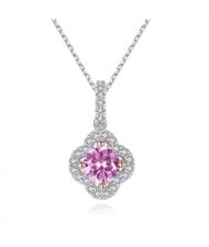 Silver Jewelry Pink Cubit Zirconia Flower Design Pendant Wholesale Women 925 Sterling Silver Necklace
