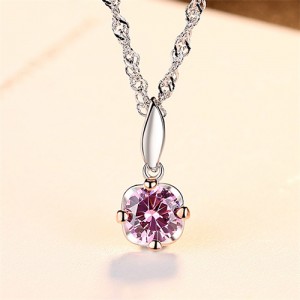Silver Jewelry Pink Cubic Zirconia Romantic Flower Pendant Wholesale Women 925 Sterling Silver Necklace