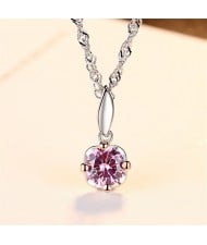 Silver Jewelry Pink Cubic Zirconia Romantic Flower Pendant Wholesale Women 925 Sterling Silver Necklace