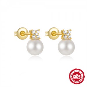 Fine Jewelry Cubic Zirconia Pearl Fashion Wholesale Women 925 Sterling Silver Earrings - Golden