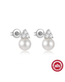 Fine Jewelry Trangle Cubic Zirconia Pearl Wholesale Women 925 Sterling Silver Earrings - Silver