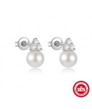 Fine Jewelry Trangle Cubic Zirconia Pearl Wholesale Women 925 Sterling Silver Earrings - Silver