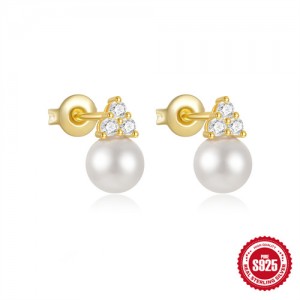 Fine Jewelry Trangle Cubic Zirconia Pearl Wholesale Women 925 Sterling Silver Earrings - Golden