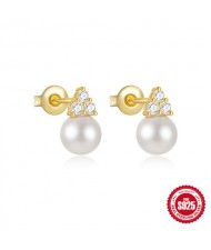 Fine Jewelry Trangle Cubic Zirconia Pearl Wholesale Women 925 Sterling Silver Earrings - Golden