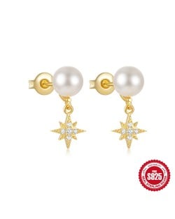 Fine Jewelry Glisten Star with Pearl Wholesale Women 925 Sterling Silver Earrings - Golden