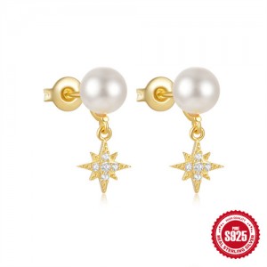 Fine Jewelry Glisten Star with Pearl Wholesale Women 925 Sterling Silver Earrings - Golden