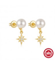 Fine Jewelry Glisten Star with Pearl Wholesale Women 925 Sterling Silver Earrings - Golden