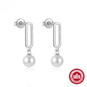 Fine Jewelry White Pearl Pendant Hollow Design Wholesale Women 925 Sterling Silver Earrings - Silver