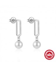 Fine Jewelry White Pearl Pendant Hollow Design Wholesale Women 925 Sterling Silver Earrings - Silver