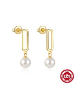 Fine Jewelry White Pearl Pendant Hollow Design Wholesale Women 925 Sterling Silver Earrings - Golden