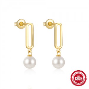 Fine Jewelry White Pearl Pendant Hollow Design Wholesale Women 925 Sterling Silver Earrings - Golden