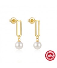 Fine Jewelry White Pearl Pendant Hollow Design Wholesale Women 925 Sterling Silver Earrings - Golden