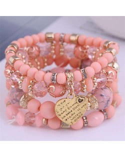 Multi-layer Heart Pendant Beads Fashion Wholesale Alloy Bracelet - Pink