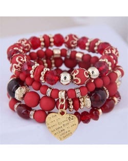 Multi-layer Heart Pendant Beads Fashion Wholesale Alloy Bracelet - Red