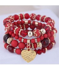Multi-layer Heart Pendant Beads Fashion Wholesale Alloy Bracelet - Red