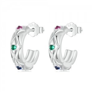 Fine Jewelry Vintage Argyle Design C Shape Wholesale Women 925 Sterling Silver Earrings