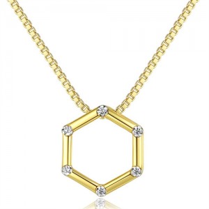 Silver Jewelry Golden Hexagon Pendant Wholesale Women 925 Sterling Silver Necklace