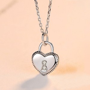 Silver Jewelry Fashion Heart Shape Lock Pendant Wholesale Women 925 Sterling Silver Necklace - Silver