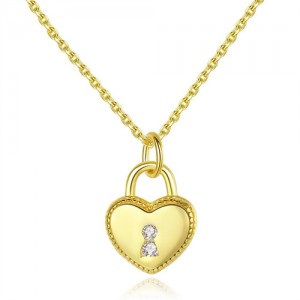 Silver Jewelry Fashion Heart Shape Lock Pendant Wholesale Women 925 Sterling Silver Necklace - Golden
