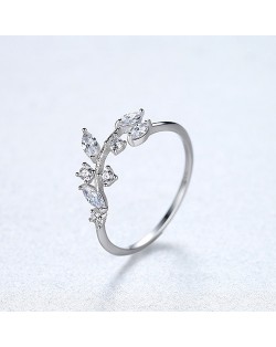 Silver Jewelry Cubic Zirconia Leaf Open-end Design Wholesale Women 925 Sterling Silver Ring - Silver