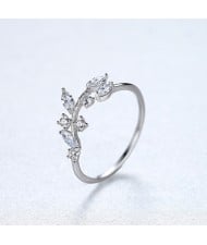 Silver Jewelry Cubic Zirconia Leaf Open-end Design Wholesale Women 925 Sterling Silver Ring - Silver