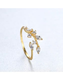 Silver Jewelry Cubic Zirconia Leaf Open-end Design Wholesale Women 925 Sterling Silver Ring - Golden