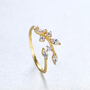 Silver Jewelry Cubic Zirconia Leaf Open-end Design Wholesale Women 925 Sterling Silver Ring - Golden