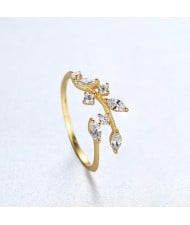 Silver Jewelry Cubic Zirconia Leaf Open-end Design Wholesale Women 925 Sterling Silver Ring - Golden